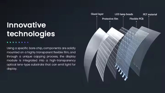 Film d'affichage LED transparent pliable IP65 Noté 5000 nits Lumière ultra-mince 3,9 mm Conception facile d'installation pour les surfaces courbes