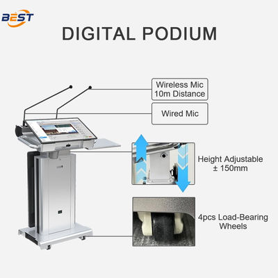 Podium multimédia électrique avec hauteur de levage maximale de 150 mm et écran de kiosque intelligent 32 pouces en option