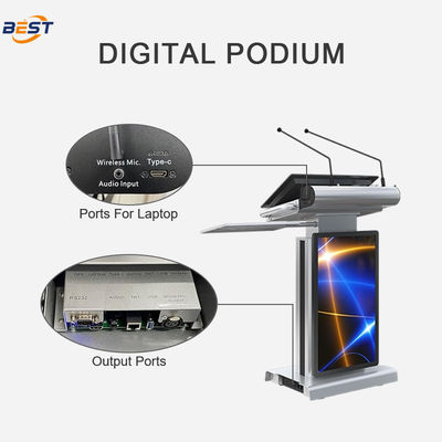 Podium multimédia intelligent avec angle d'écran réglable de 10 à 40°, hauteur de levage maximale de 150 mm et écran de kiosque intelligent de 32 pouces en option