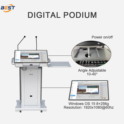 Podium multimédia électrique avec hauteur de levage maximale de 150 mm et écran de kiosque intelligent 32 pouces en option