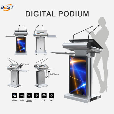 Podium multimédia intelligent avec angle d'écran réglable de 10 à 40°, hauteur de levage maximale de 150 mm et écran de kiosque intelligent de 32 pouces en option
