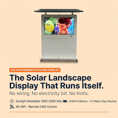 Panneau d'affichage numérique extérieur à énergie solaire avec 2000 nits de luminosité, batterie LiFePO4 de 3600Wh et certification IP55