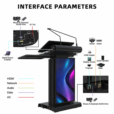 Podium intelligent noir à haute luminosité, écran tactile 4K PCAP de 23,6 pouces, pupitre de signalisation avant de 32 pouces pour conférence