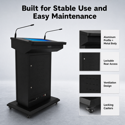 Podium intelligent à double écran avec entrée HDMI, affichage multi-écran USB et 2 microphones col de cygne, support PA